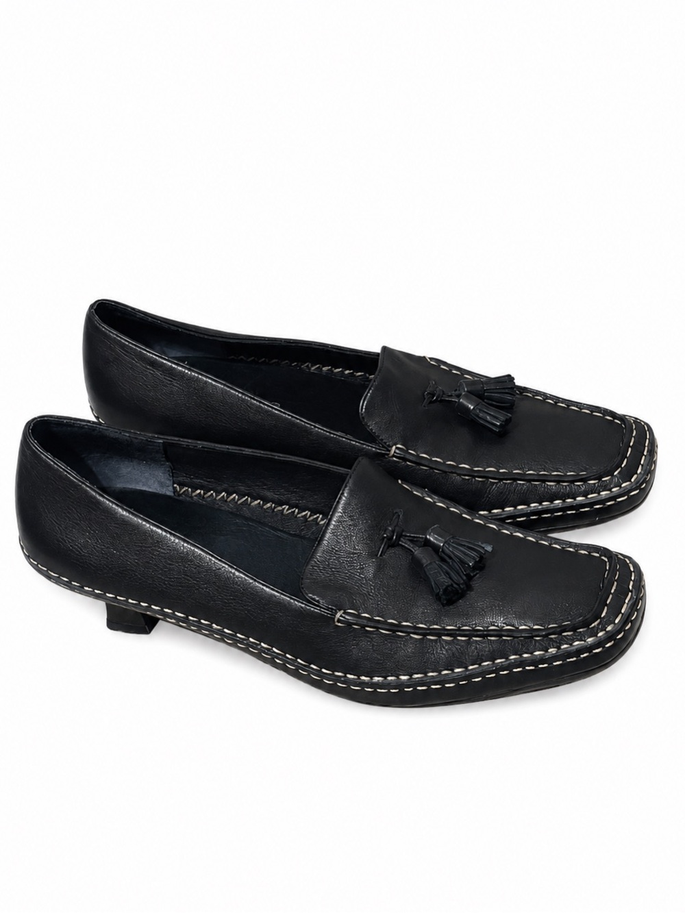 Vintage Aerosoles Front Gate Loafers 8B Black Leather Tassel Kitten Heel
